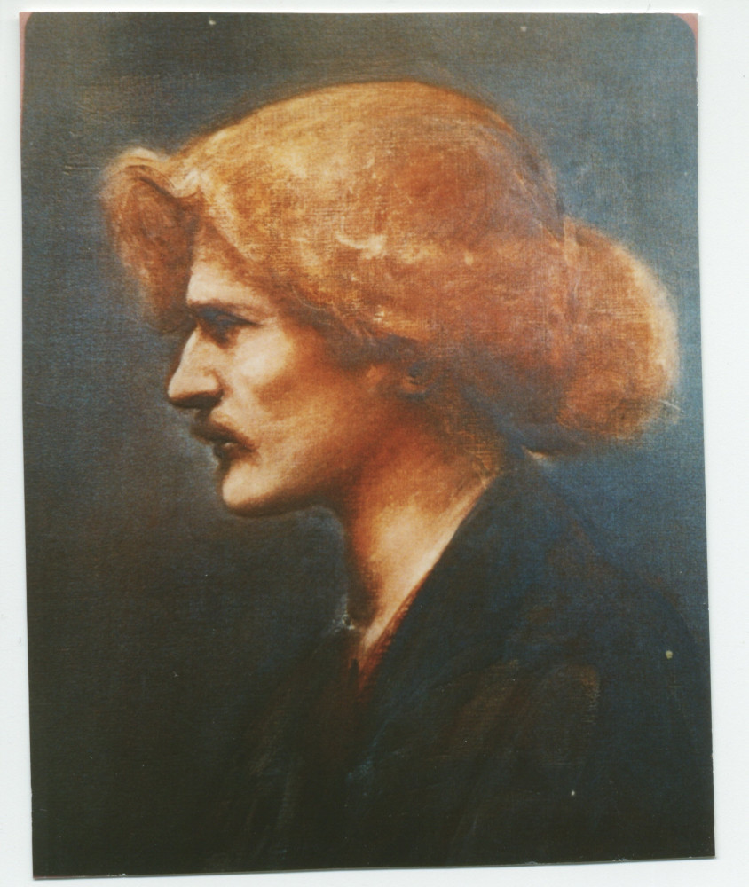 Reproduction du portrait peint de Paderewski (profil gauche) réalisé en 1890 par Sir Edward Burne-Jones, avec un halo d'«archange» entourant sa la chevelure léonine, propriété du Royal College of Music de Londres