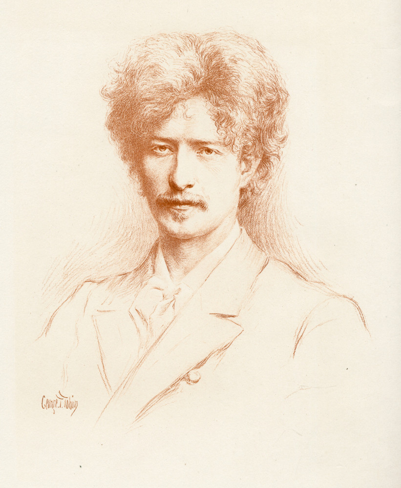 Dessin brun-rouge (crayon? lithographie?) de Paderewski tiré du livre «The Century Library of Music in Twenty Volumes edited by IJP» (Century Co., 1900) (signature illisible: «George T. T?»)
