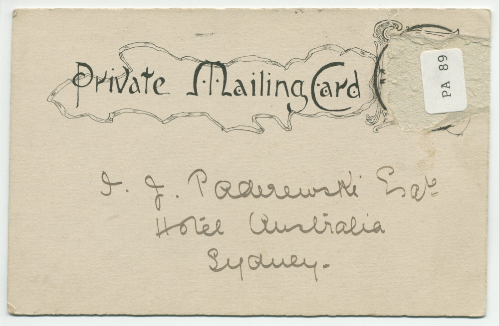 Carte postale avec dessin original à la plume réalisé en 1904 par une jeune artiste australienne, B. Bridgstocke, en marge de la tournée océanique de Paderewski
