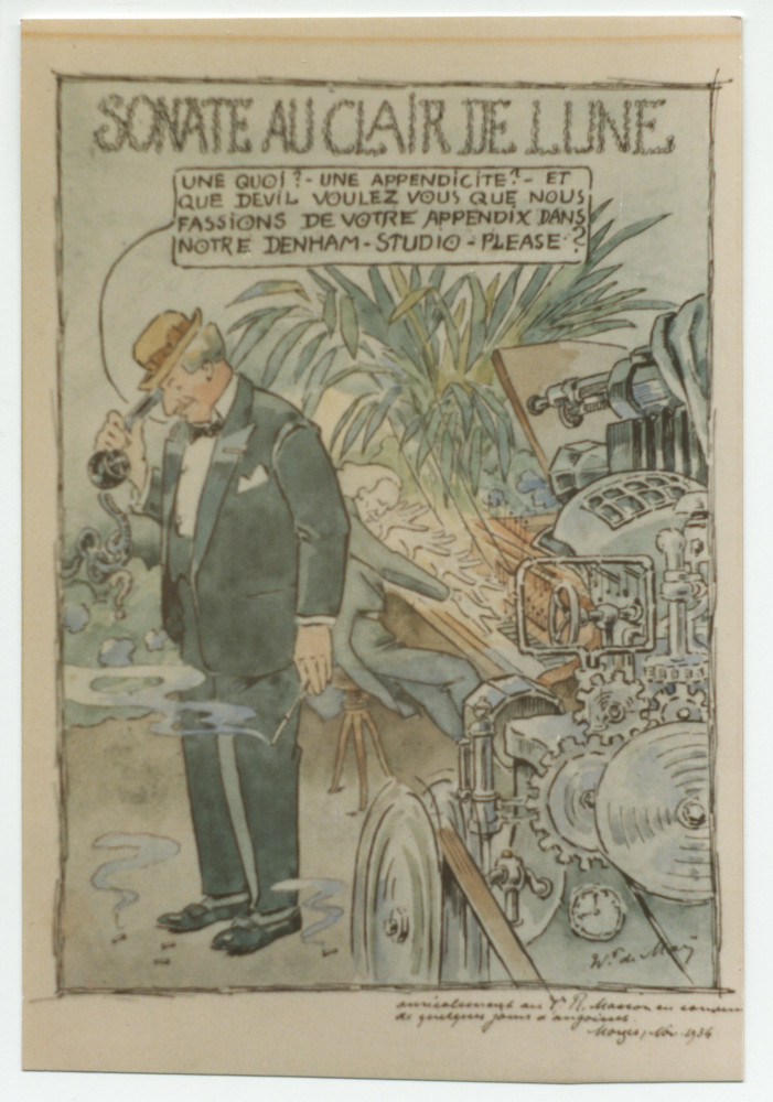 Reproduction d'une caricature de style bande-dessinée d'auteur non identifié («W. de Maÿ»?) évoquant l'appendicite dont a manifestement souffert Paderewski lors de l'enregistrement filmé de son Menuet en septembre 1936 au Denham Studio de Londres