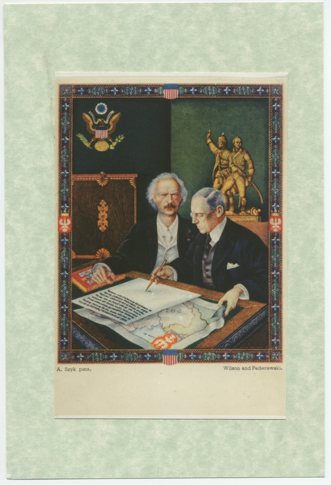 Reproduction (avec légende) de la lithographie allégorique représentant Paderewski en train de «dicter» le 13e point de son plan de paix au président Wilson, commande du gouvernement polonais à Arthur Szyk