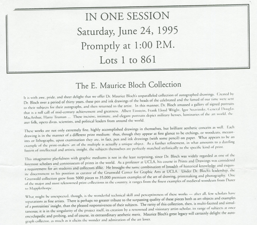 Reproduction d'un dessin de Paderewski (de profil gauche) réalisé par l'artiste américain E. Maurice Bloch, avec signature de Paderewski – accompagné d'un texte de présentation tiré d'un catalogue de vente aux enchères de «The E. Maurice Bloch Collection»