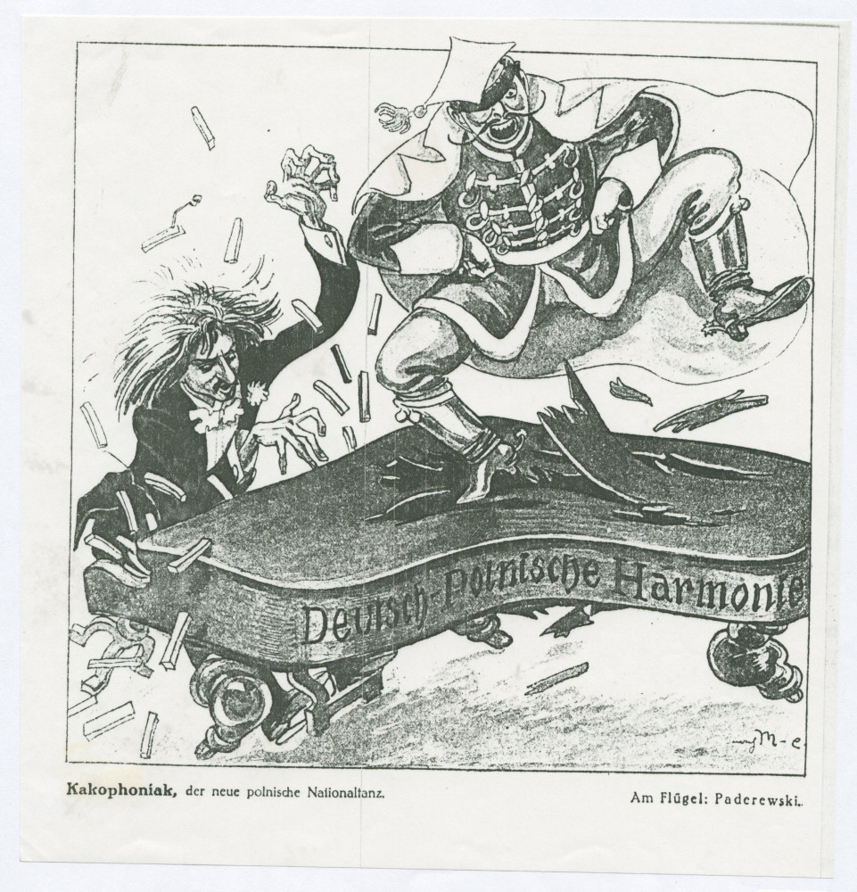 Reproduction d'une caricature «politique» d'auteur non identifié représentant un soldat allemand dansant sur le piano de Paderewski sous le signe de la «Deutsch-Polnische Harmonie»