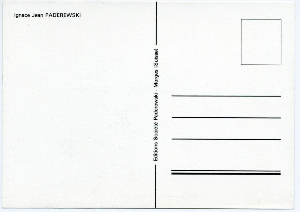 Carte postale de Paderewski – photographie en manteau de fourrure avec chapeau haut-de-forme à la main, prise à Varsovie en 1908 – éditée par la Société Paderewski de Morges