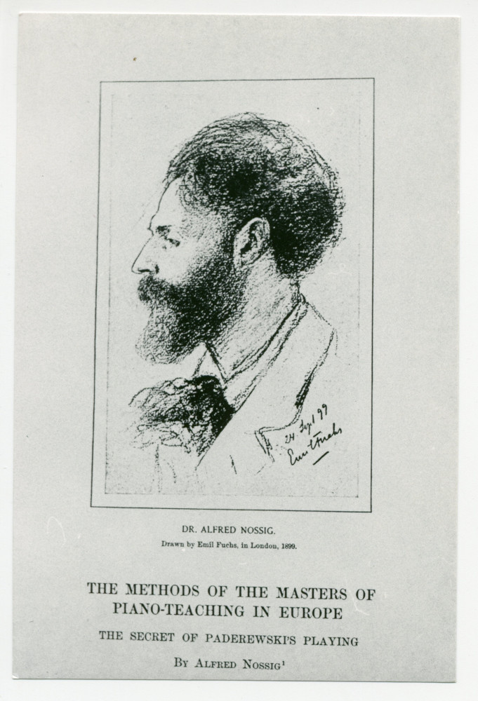 Photographie du dessin de profil du sculpteur, musicien et écrivain polonais Alfred Nossig (1864-1943) réalisé par Emil Fuchs (1866-1929) en 1899 à Londres et reproduit sur la couverture de «The Secret of Paderewski's Playing»