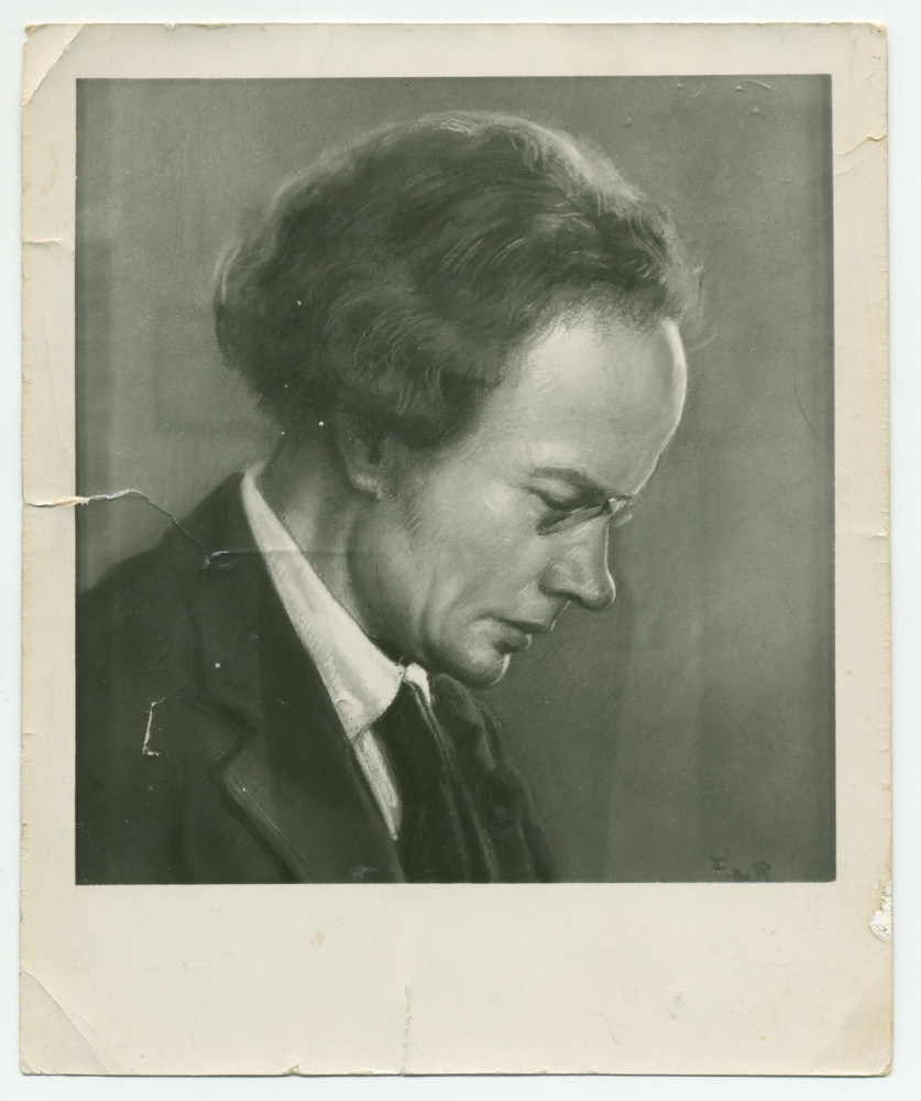 Reproduction photographique noir-blanc du portrait de profil (droit) du pianiste polonais Józef Turczynski réalisé par le peintre François de Ribaupierre