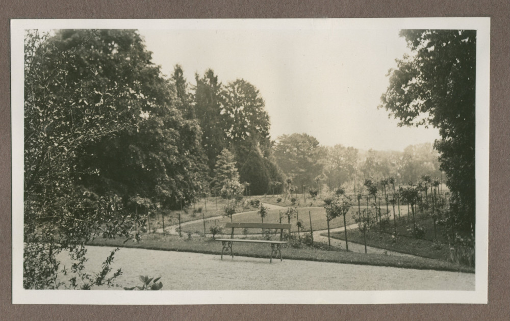Photographie d'un petit chemin (avec un banc) dans le jardin de la propriété de Riond-Bosson en 1935