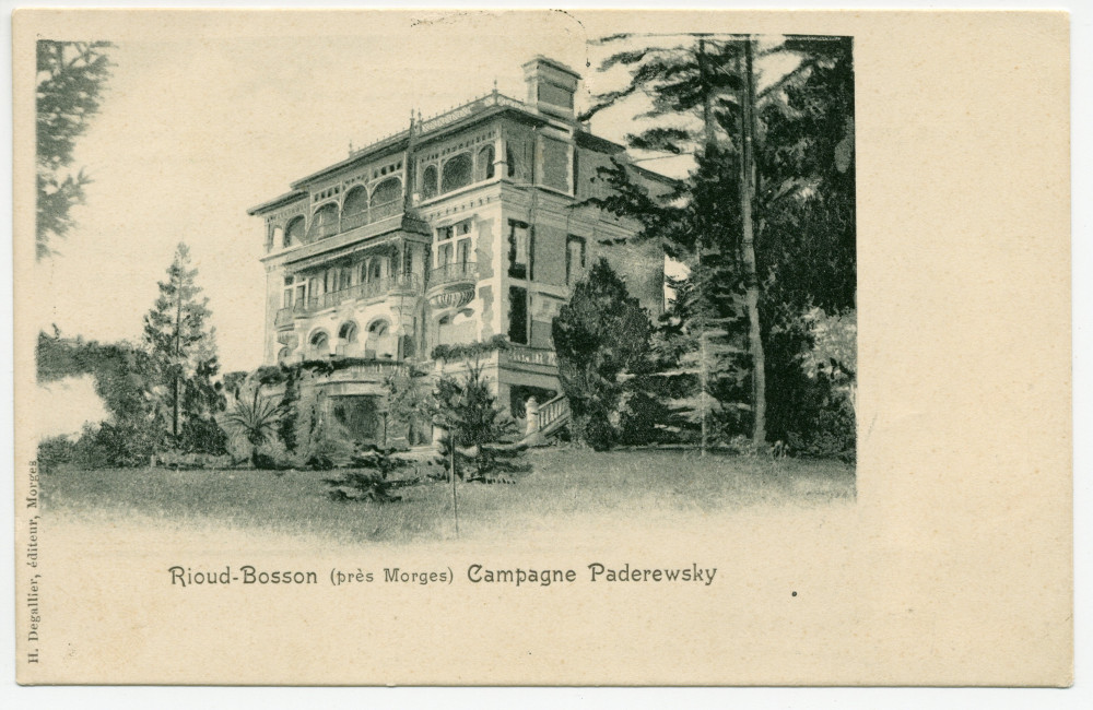 Carte postale avec légende représentant l'angle est de la «campagne Paderewski» de «Rioud-Bosson» (sic), adressée depuis le Pensionnat Daulte de Lausanne à Mrs. et Mr. L. Grantham à Bedford (Angleterre) mais non envoyée