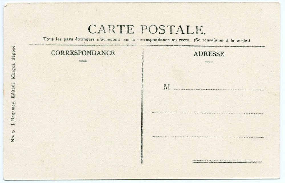 Carte postale avec légende représentant l'«établissement d'aviculture de Mme Paderewska», situé au sud de la villa de Riond-Bosson (à gauche en haut), avec son pigeonnier (au centre) – éditée par J. Regamey à Morges