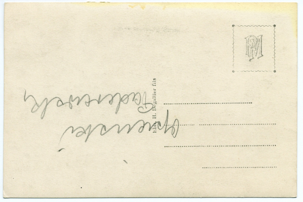 Carte postale représentant l'«établissement d'aviculture de Mme Paderewska», situé au sud de la villa de Riond-Bosson (à gauche en haut), avec son pigeonnier (au centre) – éditée par F. Regamey à Morges (b) et H. Degallier Fils (c)