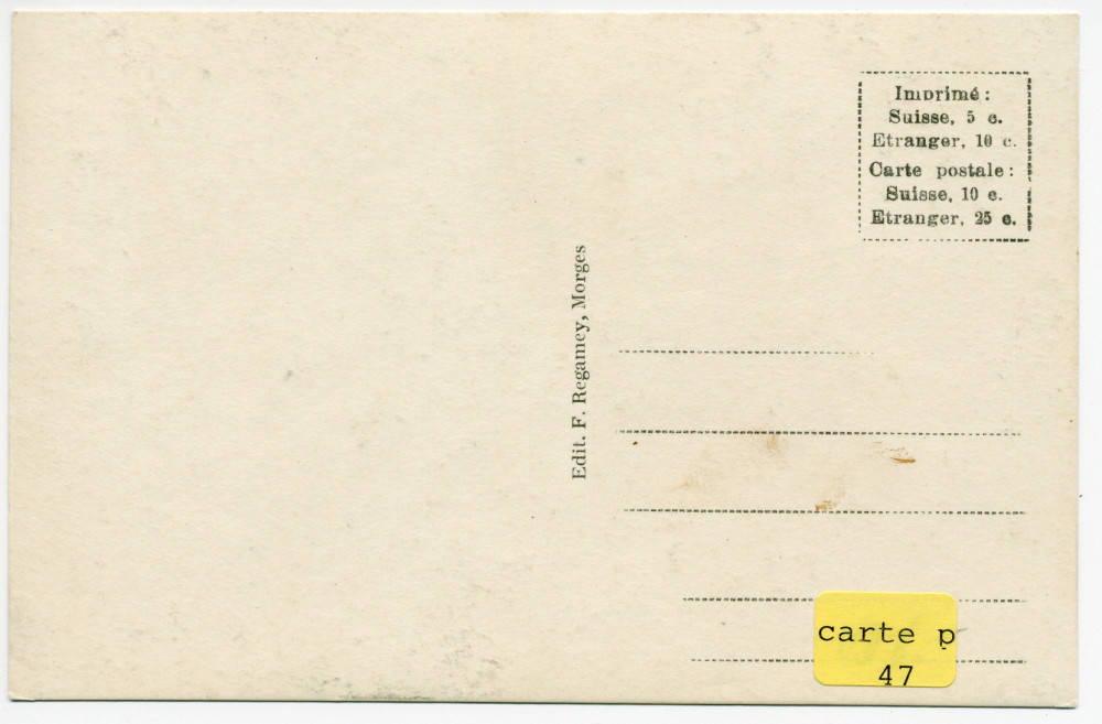 Carte postale avec légende représentant la «villa Paderewski» de Riond-Bosson depuis le sud (de face) – éditée par F. Regamey à Morges