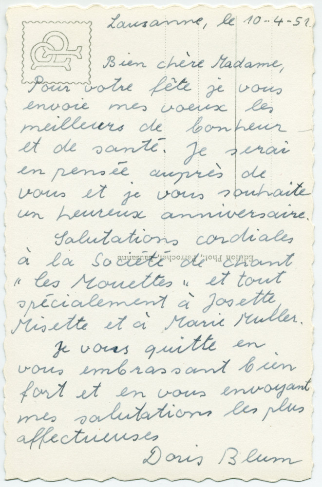 Carte postale de la statue de Paderewski (vue d'angle) sise dans le Parc de Seigneux à Morges, réalisée par Milo Martin et inaugurée le 3 juillet 1948 – photographie noir-blanc de profil – éditée par Perrochet à Lausanne