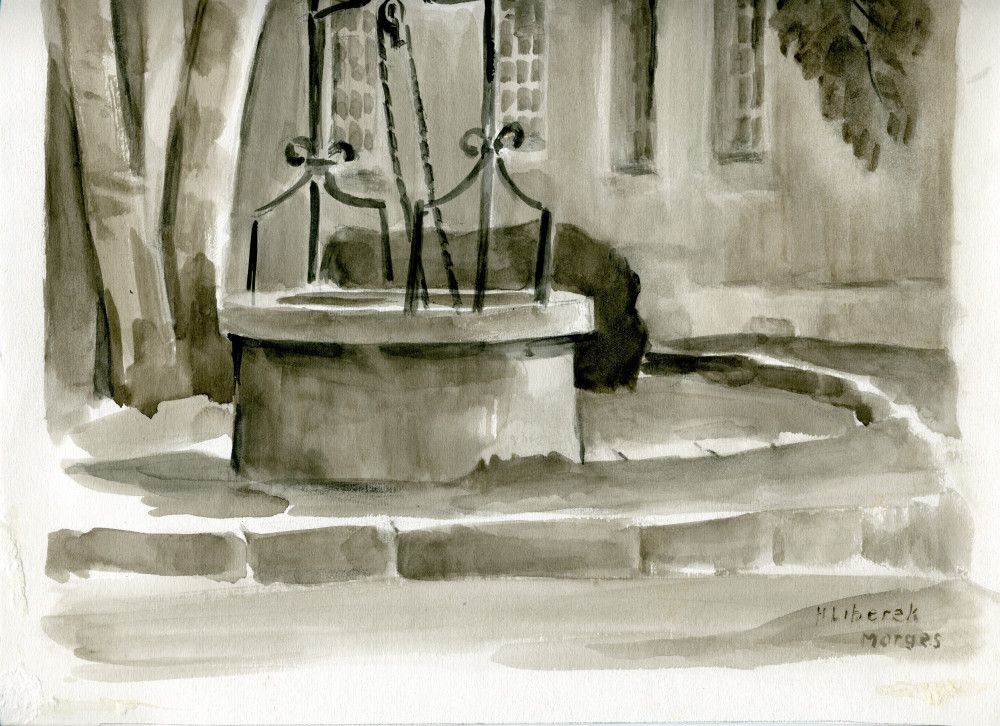 Aquarelle d'un puits à Morges (?) réalisée par H. Lieberek (Morges)