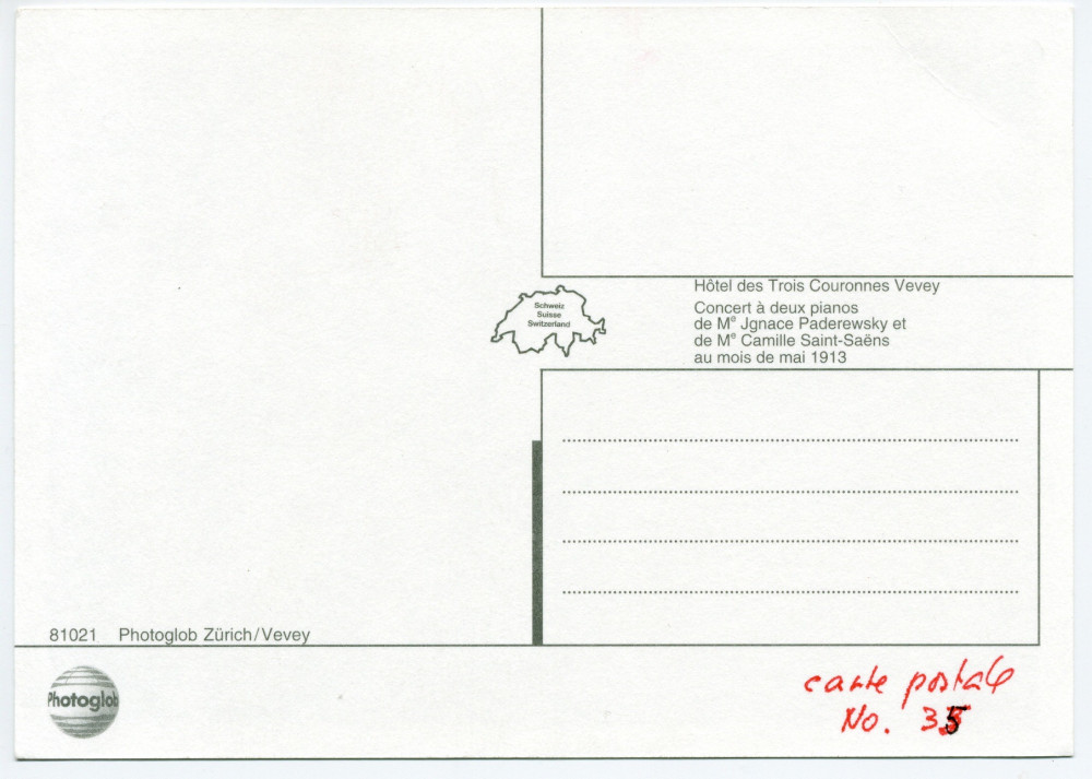 Carte postale représentant Paderewski et Camille Saint-Saëns face-à-face au piano dans les salons de l'Hôtel des Trois Couronnes à Vevey dans le cadre des Fêtes musicales données du 18 au 21 mai 1913 en l'honneur de Camille Saint-Saëns