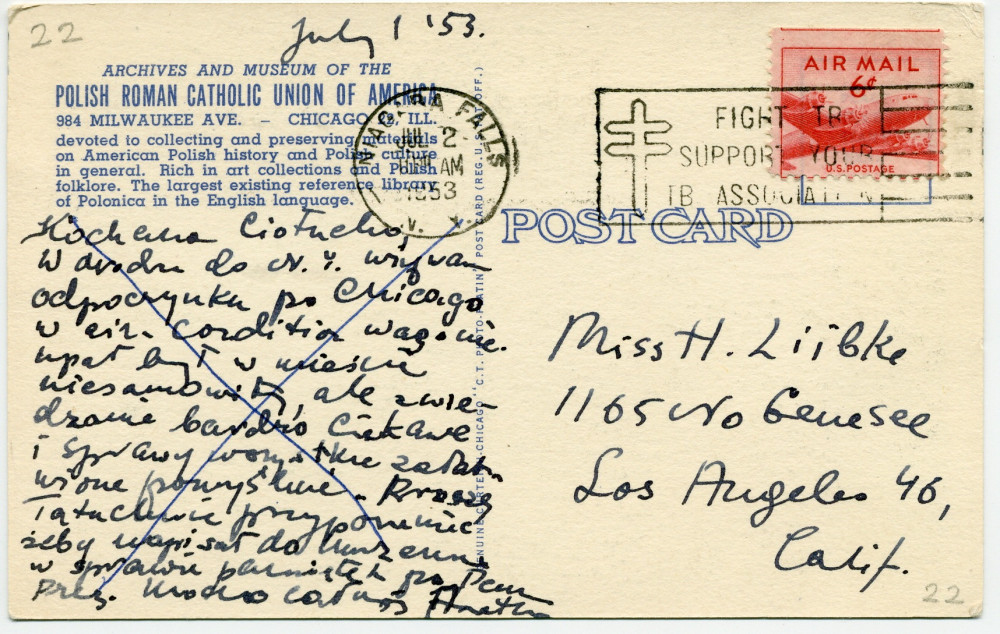 Carte postale représentant le salon de Paderewski à l'Hôtel Buckingham de New York reconstitué au sein de la chambre du souvenir du Polish Roman Catholic Union Archives and Museum de Chicago – éditée par l'institution et adressée à «Miss H[élène] Lübke»