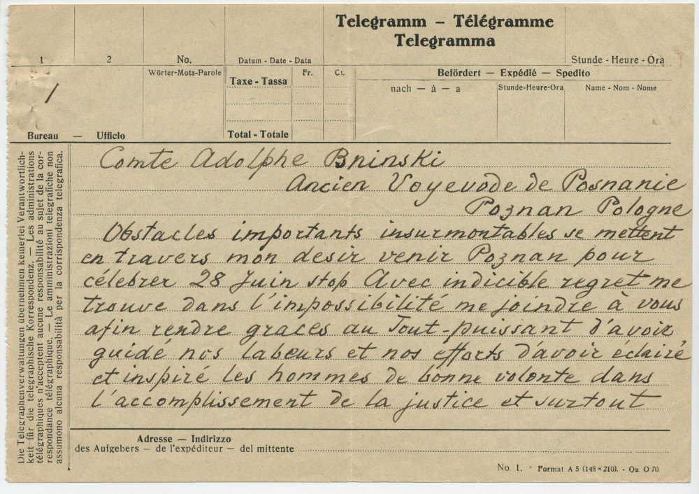 Télégramme non daté adressé par Paderewski au comte Adolphe Bninski, ancien voïvode de Posnanie, à Poznan, de Suisse