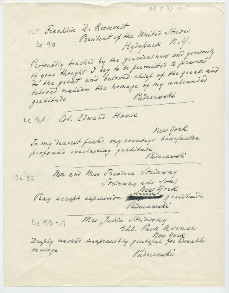 Brouillons de télégrammes adressés par Paderewski, entre août et novembre 1935 (1-5)