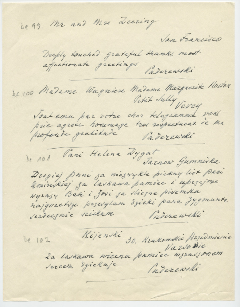 Brouillons de télégrammes adressés par Paderewski, entre août et novembre 1935 (1-5)