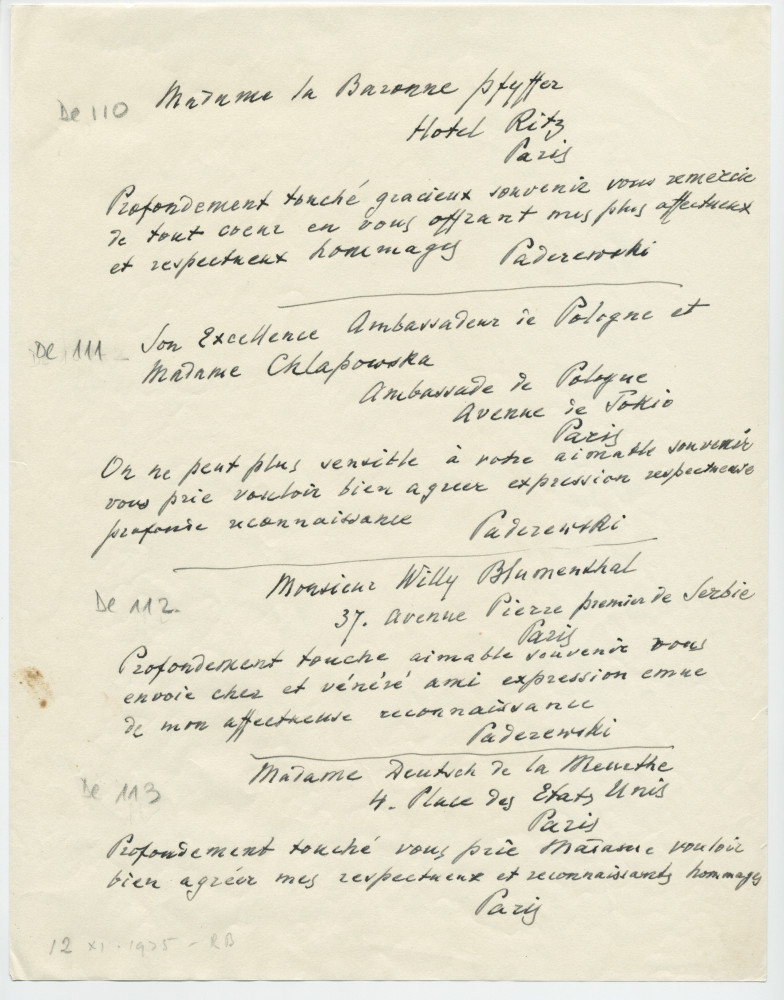 Brouillons de télégrammes adressés par Paderewski, entre août et novembre 1935 (6-10)