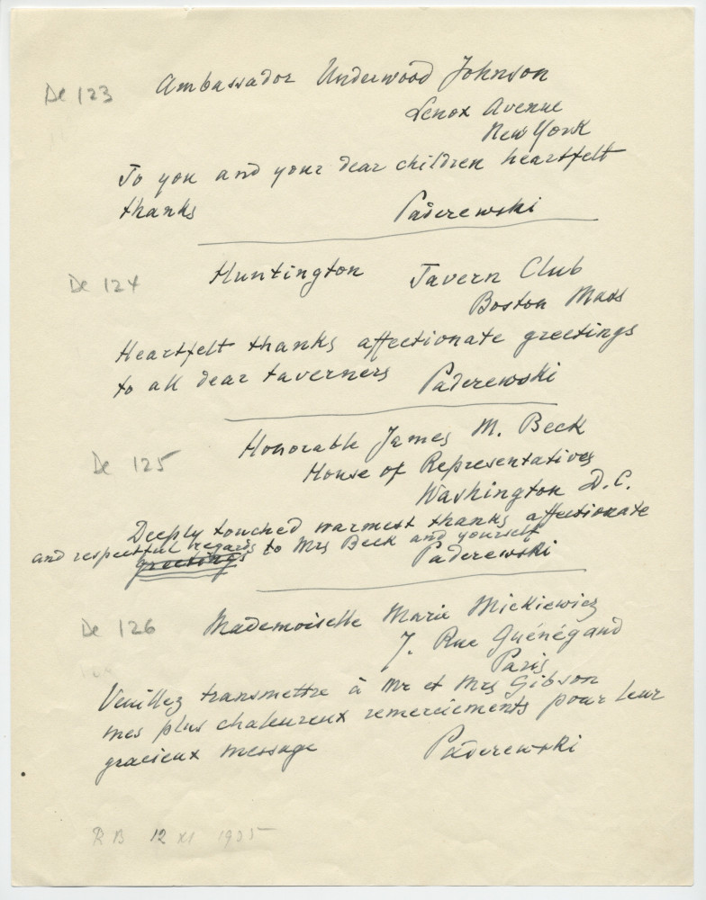 Brouillons de télégrammes adressés par Paderewski, entre août et novembre 1935 (11-15)