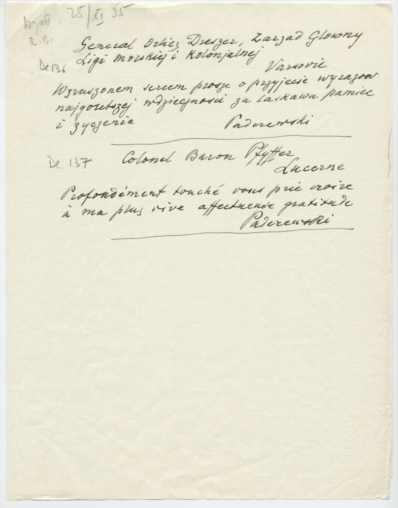 Brouillons de télégrammes adressés par Paderewski, entre août et novembre 1935 (21-24)