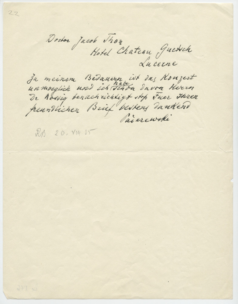 Brouillons de télégrammes adressés par Paderewski, entre août et novembre 1935 (21-24)