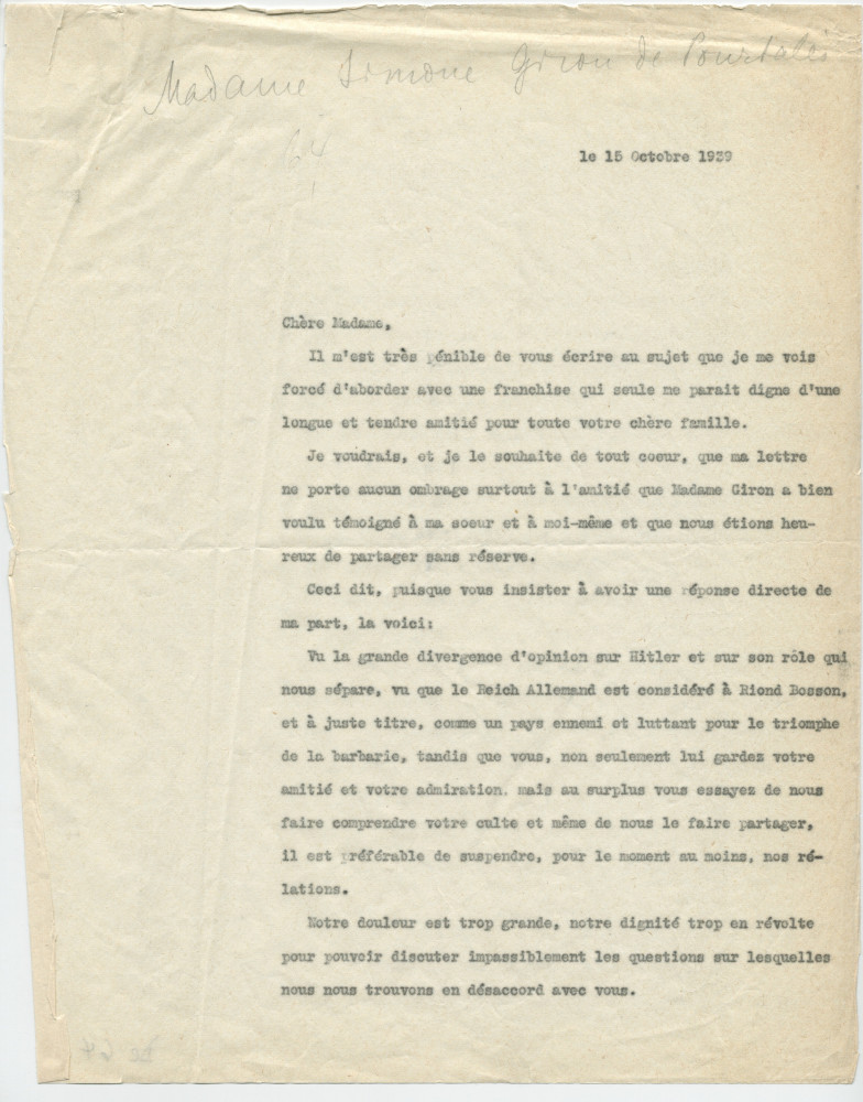 Lettre (en 3 versions dactylographiées) adressée par Paderewski à Simone Giron-de Pourtalès, «La Terrasse» à Genthod (Genève), de Riond-Bosson le 15 octobre 1939 (pages 1-5)
