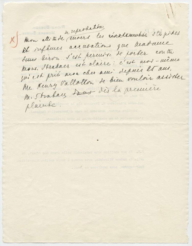 Lettre (avec brouillon) adressée par Paderewski au Juge d'instruction cantonal, à Lausanne, à propos de «l'affaire Simone Giron», de Riond-Bosson le 8 septembre 1940 (pages 1-4)