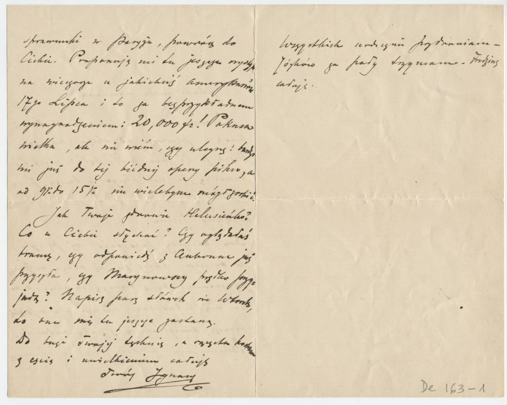 Lettre adressée (en polonais) par Paderewski à Hélène Paderewska, à Riond-Bosson, de Paris le 1er juillet 1899