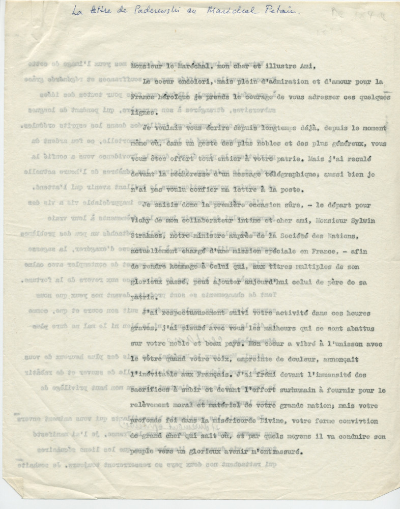 Copie carbone de la lettre (dactylographiée) adressée par Paderewski au maréchal Pétain, en juillet (?) 1940, par l'intermédiaire de Sylwin Strakacz