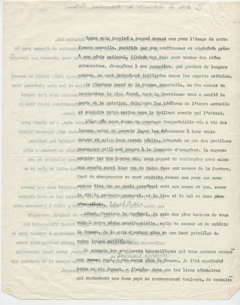 Copie carbone de la lettre (dactylographiée) adressée par Paderewski au maréchal Pétain, en juillet (?) 1940, par l'intermédiaire de Sylwin Strakacz