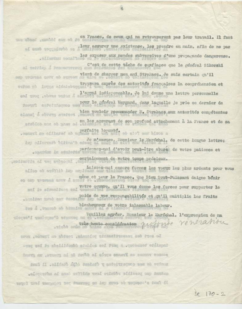 Copie carbone de la lettre (dactylographiée) adressée par Paderewski au maréchal Pétain, en juillet (?) 1940, par l'intermédiaire de Sylwin Strakacz