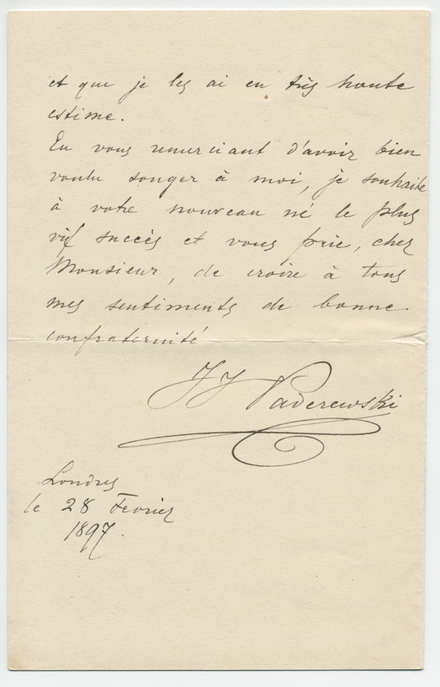 Lettre (avec enveloppe) adressée par Paderewski à Isidore Philipp, à Paris, de Londres le 28 février 1897