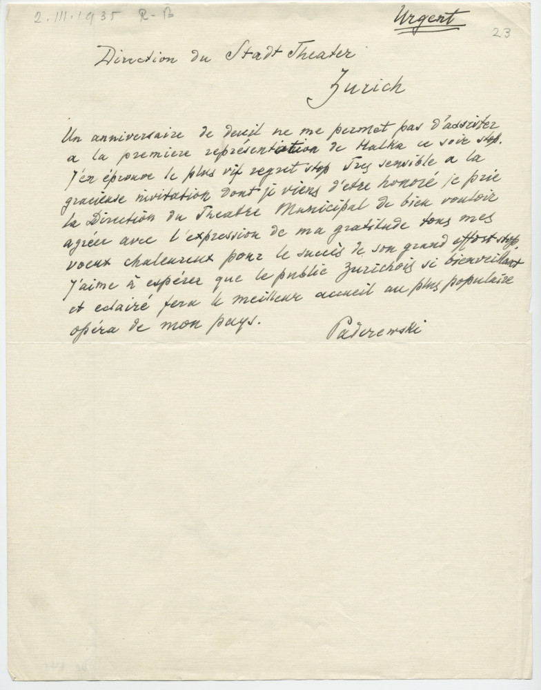 Brouillon du télégramme adressé par Paderewski à la direction du Stadttheater de Zurich, le 2 mars 1935