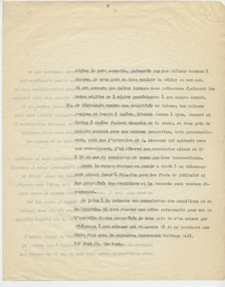 Copie de la lettre adressée par Paderewski à «mon cher Président [du Conseil national] et Ami» Henry Vallotton, le 11 septembre 1940 (pages 6-9)
