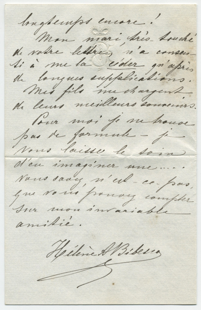 Lettre adressée par Hélène Bibesco à Paderewski, de Benfeld (Alsace) le 3 juillet 1889