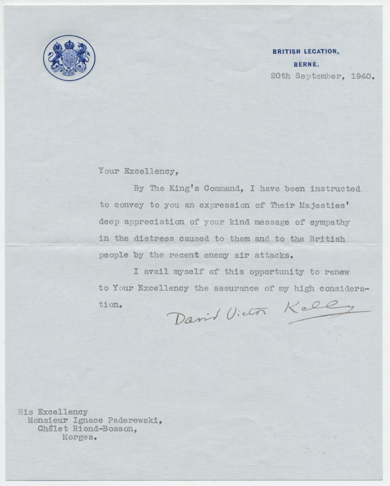 Lettre (avec enveloppe) adressée par David Victor Kelly, de la British Legation [représentation diplomatique britannique] à Berne, à «Son Excellence Monsieur Ignace Paderewski, Chalet Riond-Bosson, Morges», le 20 septembre 1940