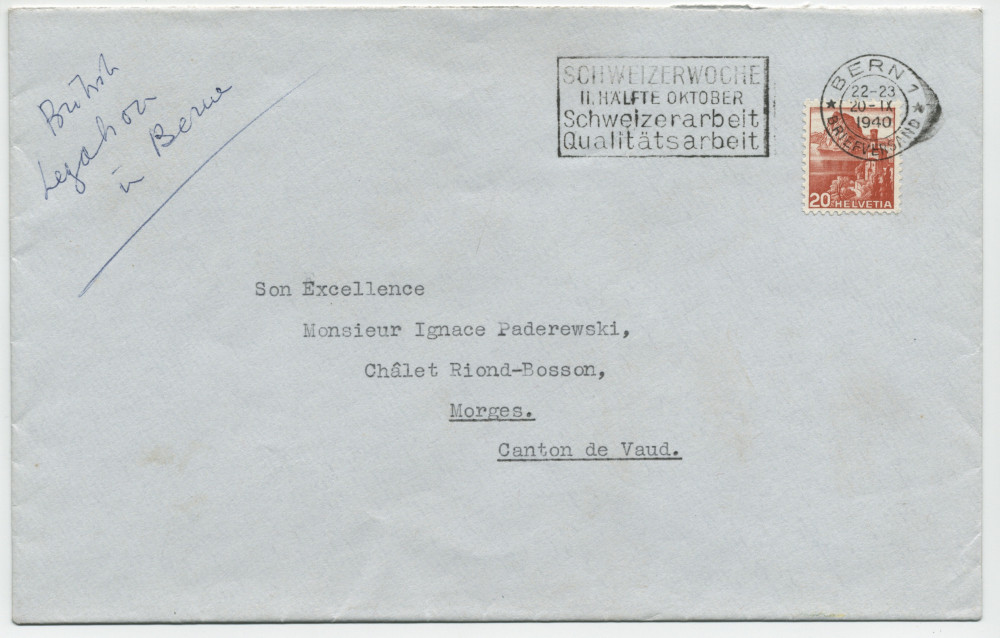 Lettre (avec enveloppe) adressée par David Victor Kelly, de la British Legation [représentation diplomatique britannique] à Berne, à «Son Excellence Monsieur Ignace Paderewski, Chalet Riond-Bosson, Morges», le 20 septembre 1940