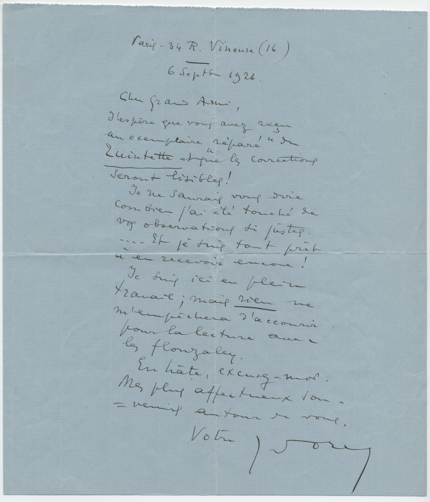 Lettre (avec enveloppe) adressée par Gustave Doret, 34 rue Vineuse à Paris (16e), à Paderewski, à Morges, le 6 septembre 1926