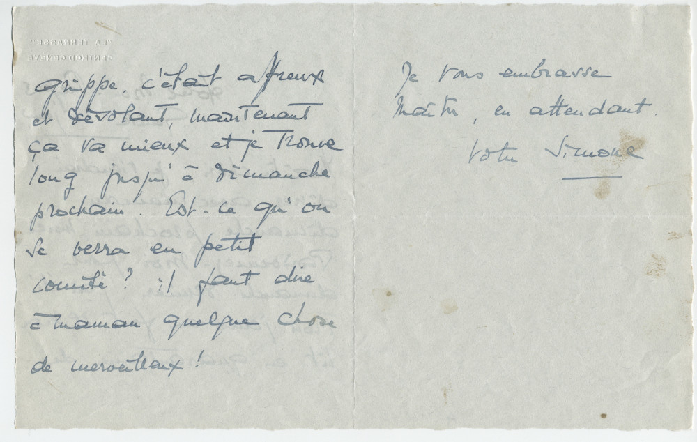 Lettre adressée par Simone Giron-de Pourtalès à Paderewski, de l'Hôtel Mon-Repos à Genève le 25 janvier [1939] (?)
