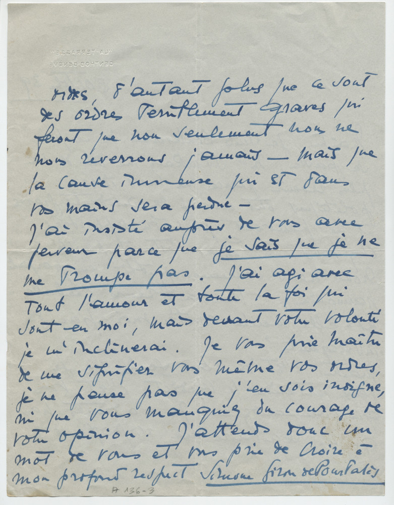 Lettre adressée par Simone Giron-de Pourtalès à Paderewski, de «La Terrasse» à Genthod (Genève) le 8 octobre 1939