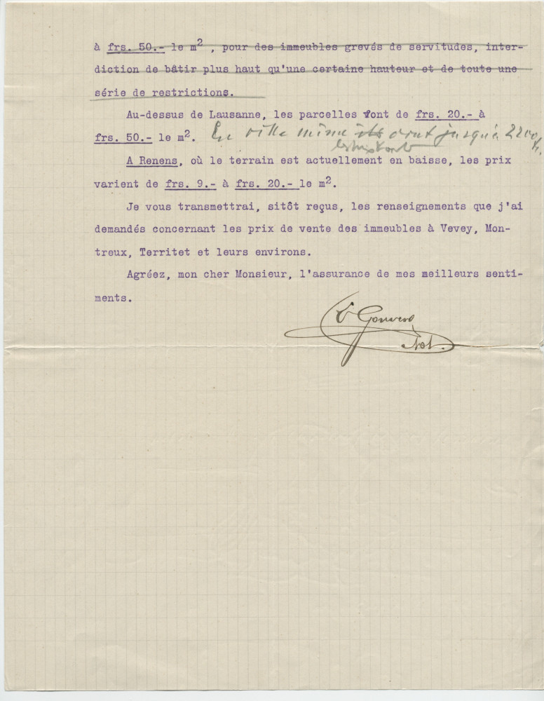 Lettre (annotée) adressée par Ernest Gonvers, notaire à Morges, à Paderewski, «Châlet de Riond-Bosson, Tolochenaz», le 10 juillet 1914