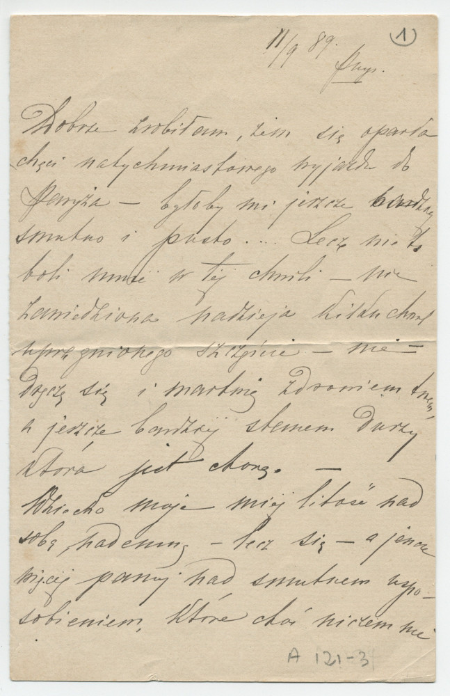 Lettre adressée (en polonais) par Hélène Gorska à Paderewski, en Galicie (?), de Paris le 11 septembre 1889 (1-5)