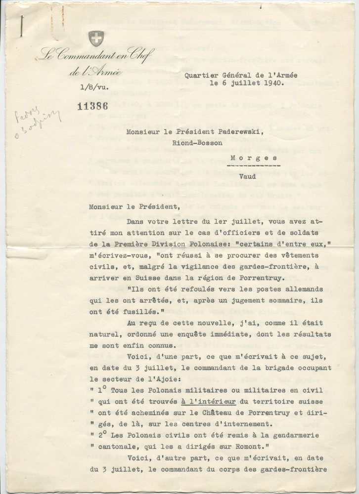 Lettre (avec enveloppe) adressée par le général Henri Guisan, commandant en chef de l'armée suisse, à «Monsieur le Président Paderewski» à Riond-Bosson, du quartier général de l'armée le 6 juillet 1940