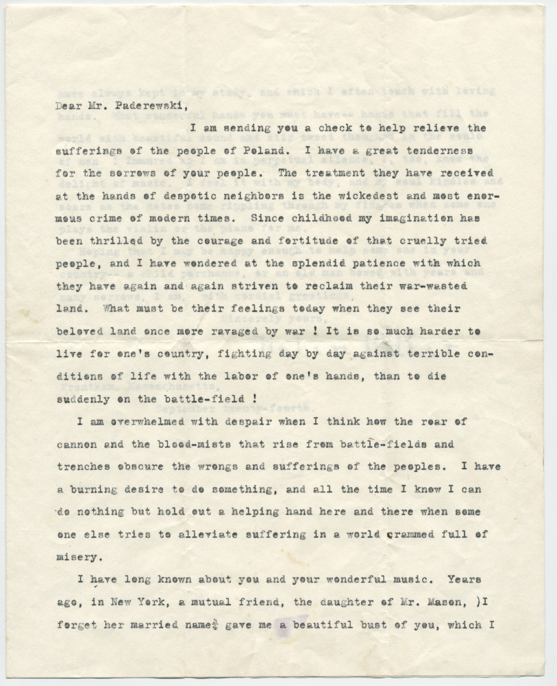 Lettre adressée par Helen Keller à Paderewski, de Wrentham (Massachusetts) le 24 septembre 1915
