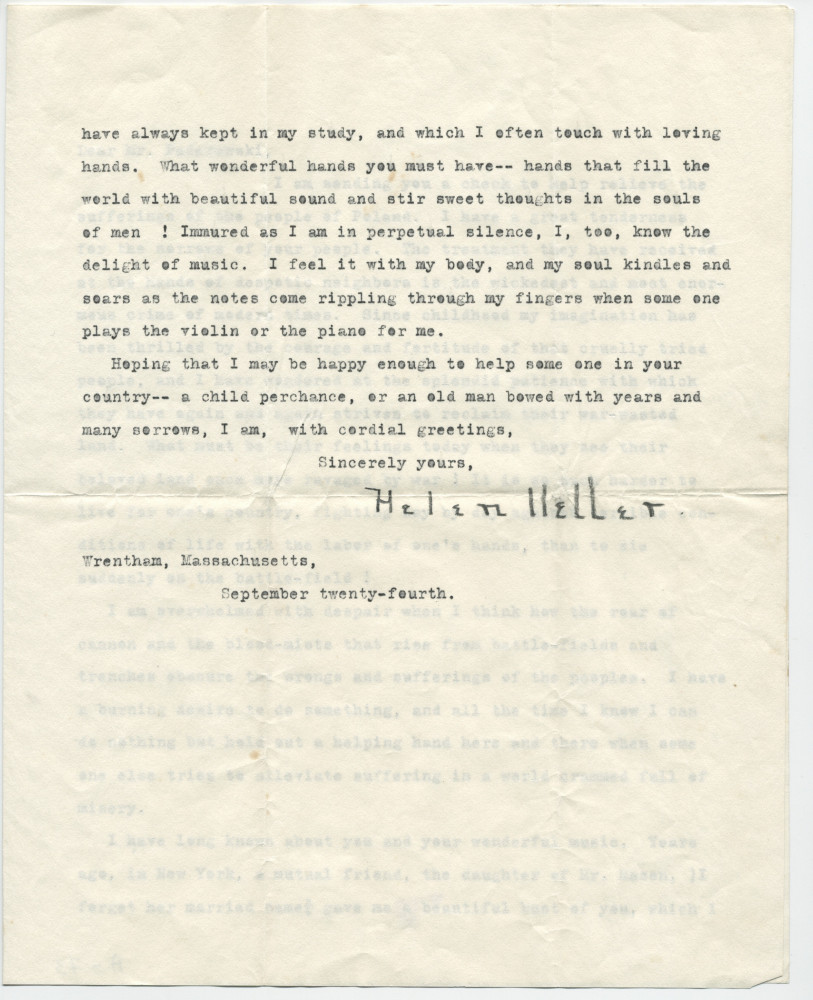 Lettre adressée par Helen Keller à Paderewski, de Wrentham (Massachusetts) le 24 septembre 1915