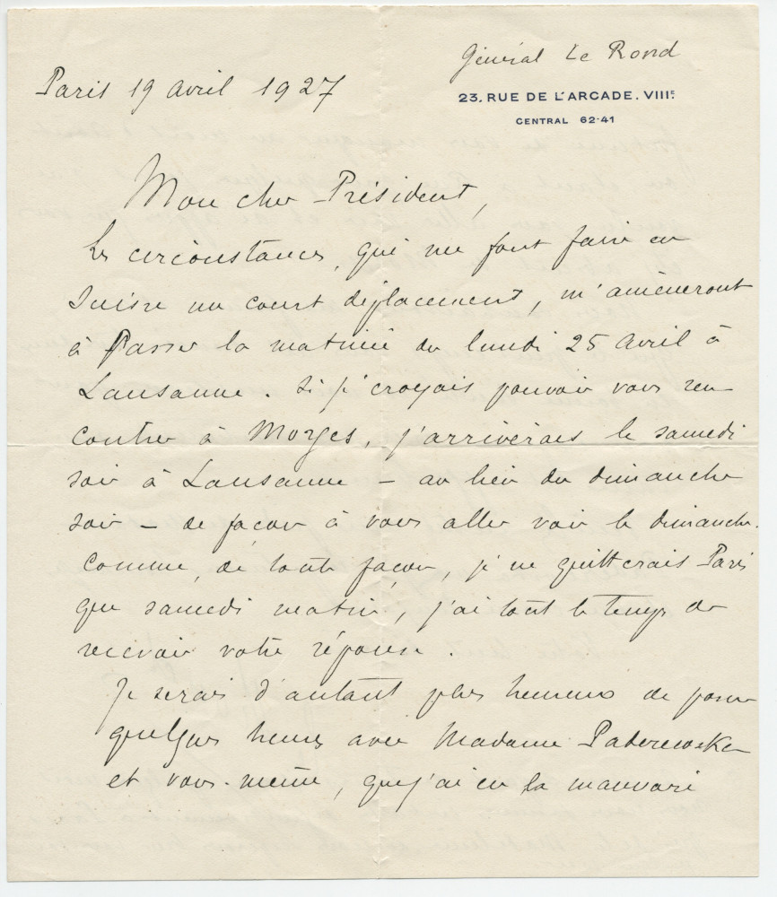 Lettre adressée par le général Henri Le Rond, 23 rue de l'Arcade à Paris (8e), à Paderewski, le 19 avril 1927