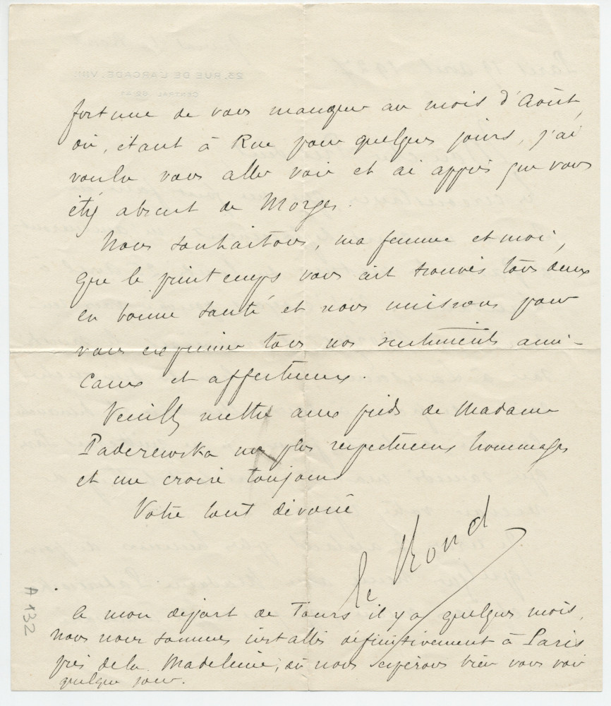 Lettre adressée par le général Henri Le Rond, 23 rue de l'Arcade à Paris (8e), à Paderewski, le 19 avril 1927
