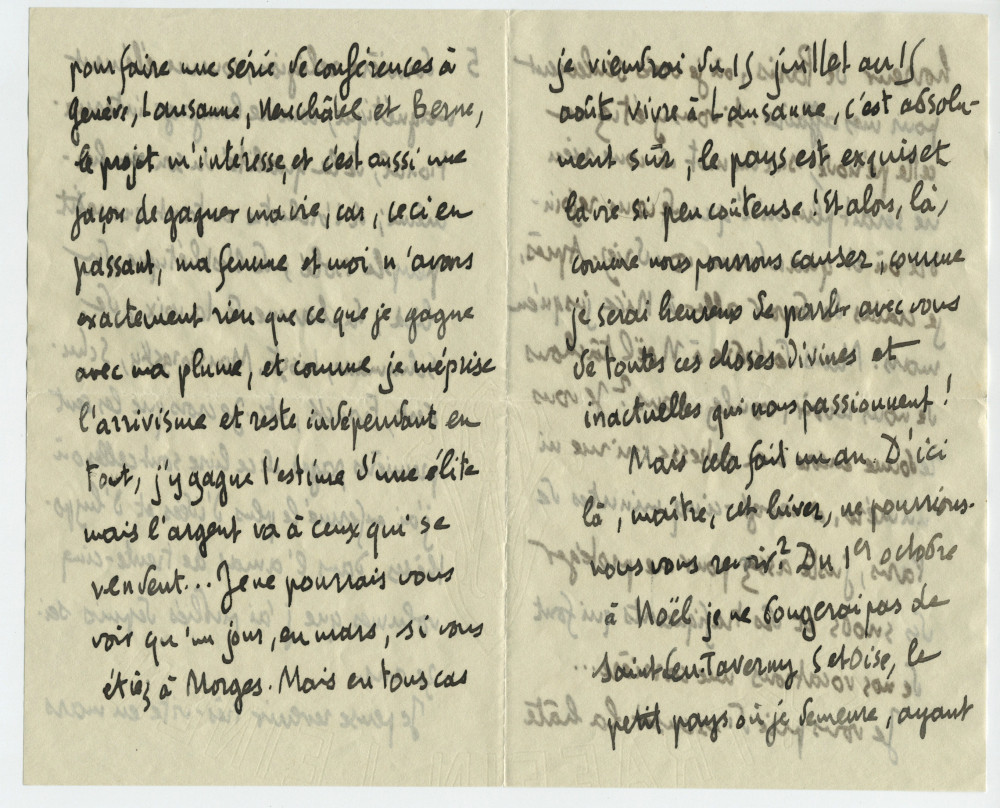 Lettre adressée par Camille Mauclair à Paderewski, de l'Ile de Clarens (sur le Léman au large de Montreux) un lundi de 1910 (?) (1-6)