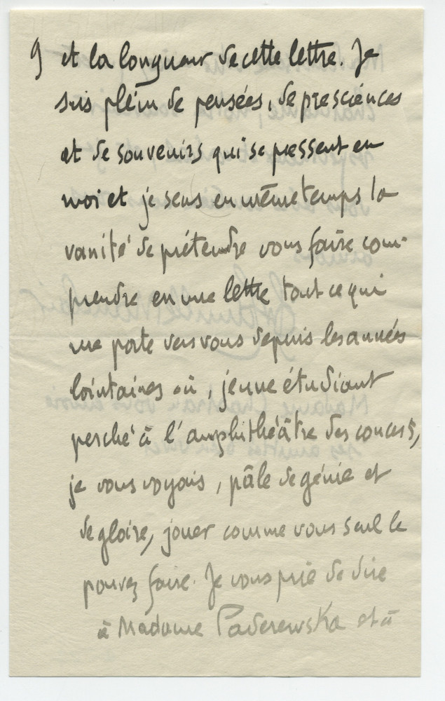Lettre adressée par Camille Mauclair à Paderewski, de l'Ile de Clarens (sur le Léman au large de Montreux) un lundi de 1910 (?) (7-8)